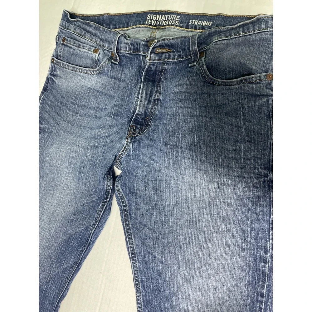 Signature Levi Strauss Mens Straight Leg‎ Blue Jeans Medium Wash 36x32 Stretch